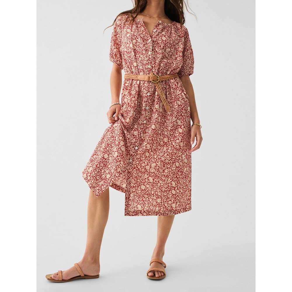 Faherty Floral Organic Cotton Button Up Midi Dress L Pockets Boho Cottagecore